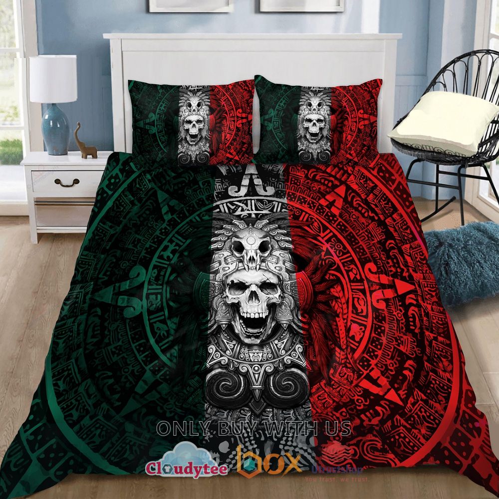 mexico aztec skull warrior red green bedding set 2 58164