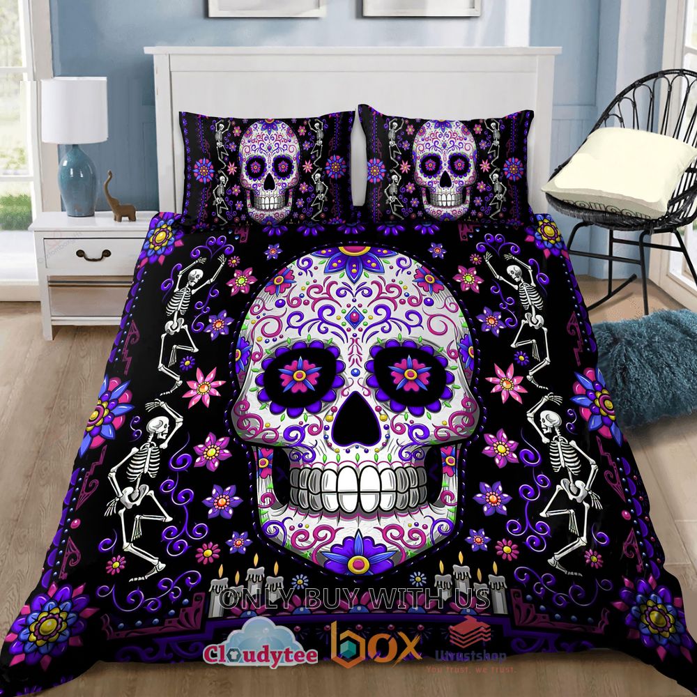 mexico sugar skull day of the dead purple bedding set 2 14676