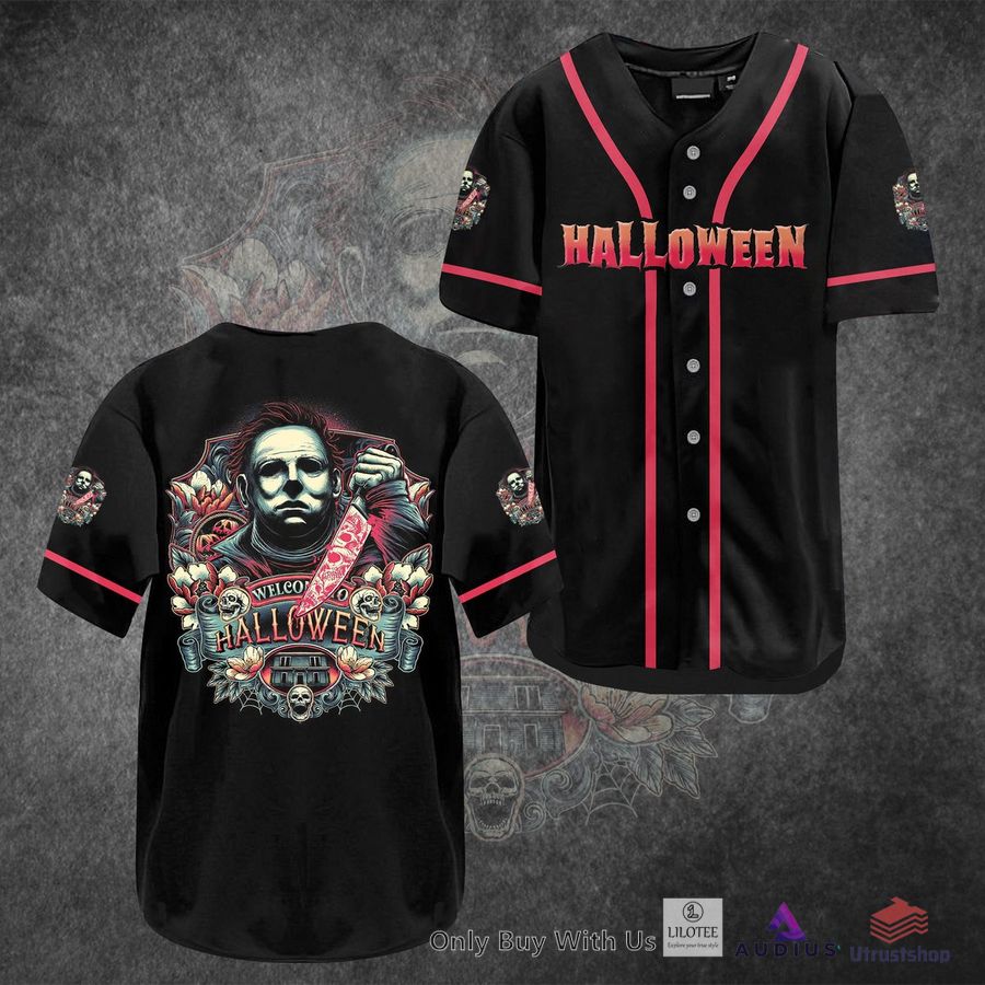 michael myers welcome to halloween horror movie baseball jersey 1 33646