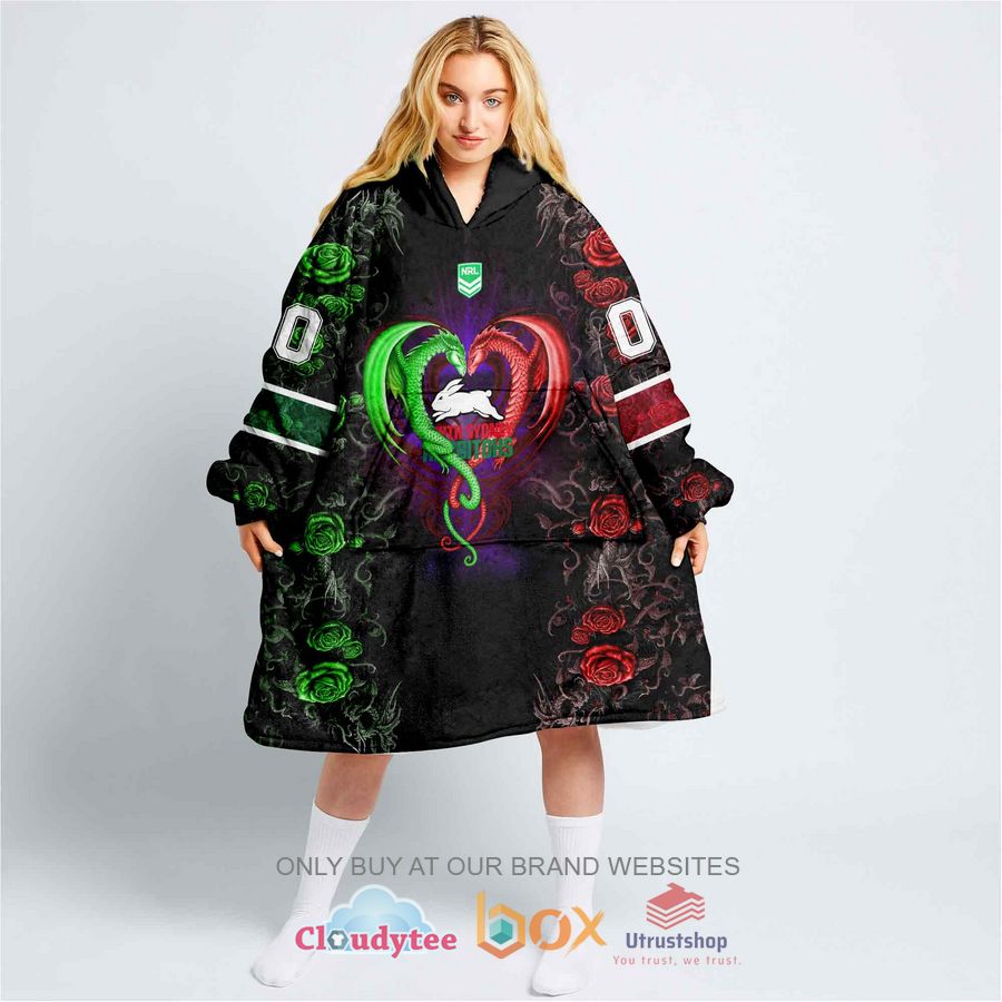 nrl south sydney rabbitohs rose dragon personalized fleece hoodie blanket 1 95336