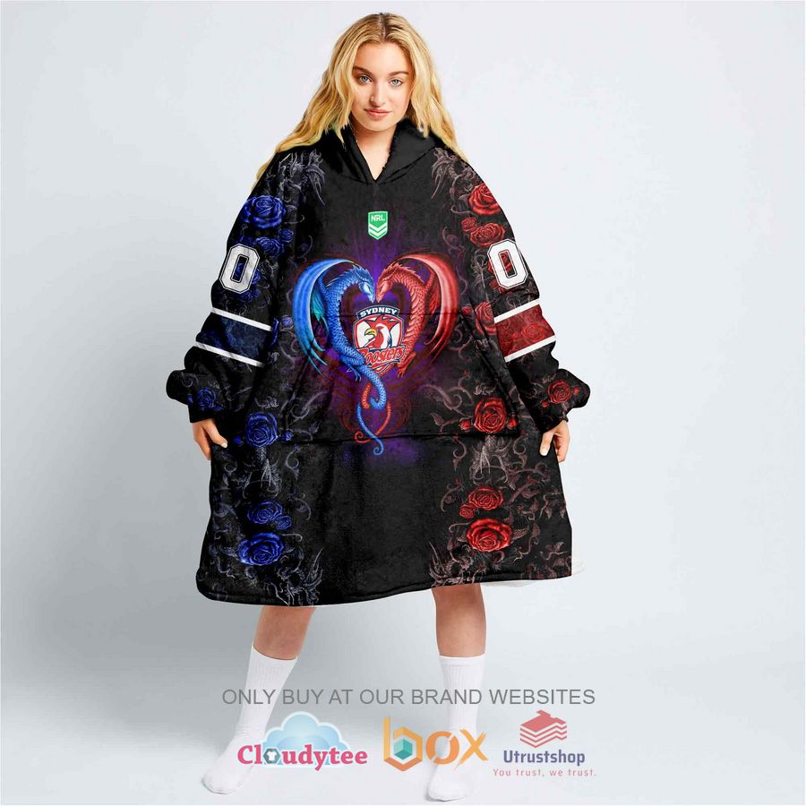 nrl sydney roosters rose dragon personalized fleece hoodie blanket 1 63409