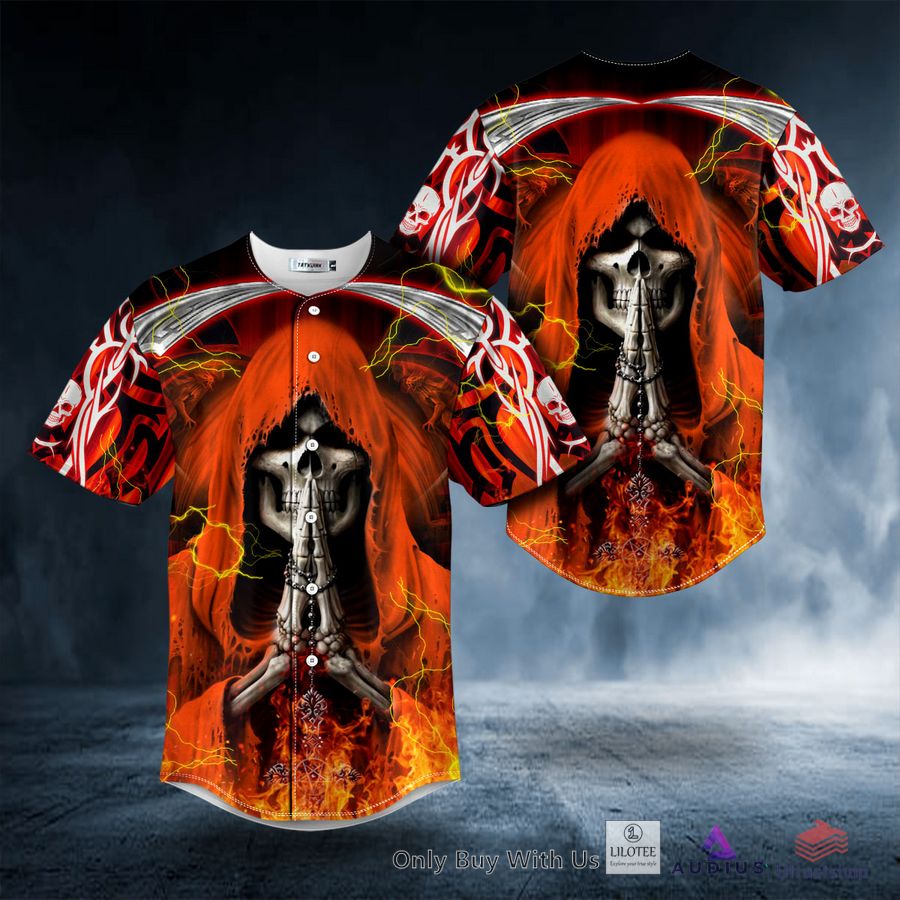 orange grim reaper prayer fire skull baseball jersey 1 33413