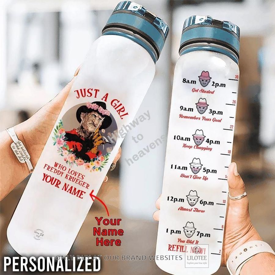 personalized just a girl who loves freddy krueger water bottle 1 77308