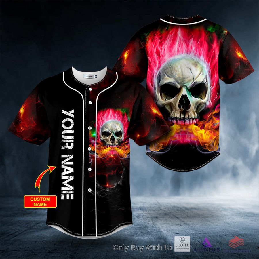 pink flaming skull custom black baseball jersey 1 66351
