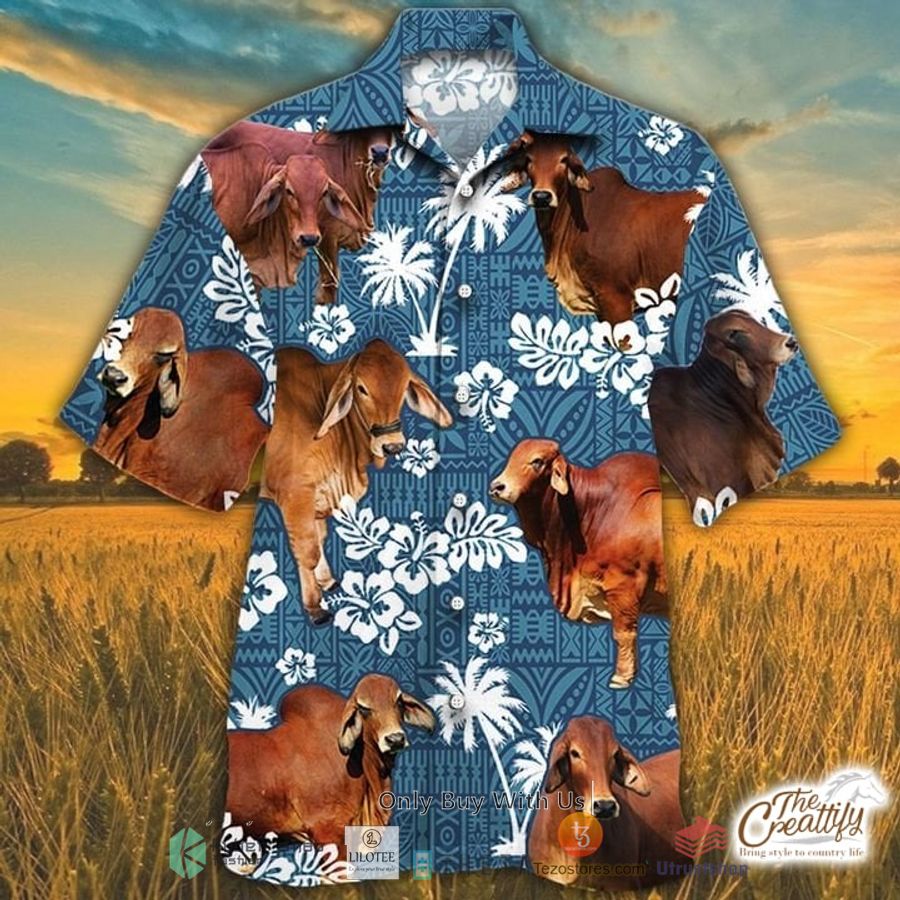 red brahman cattle blue tribal pattern hawaiian shirt 1 38251