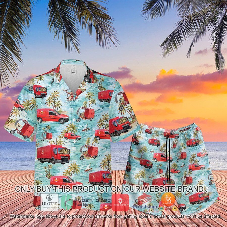 red uk royal mail delivery vehicles hawaiian shirt beach shorts 1 33791