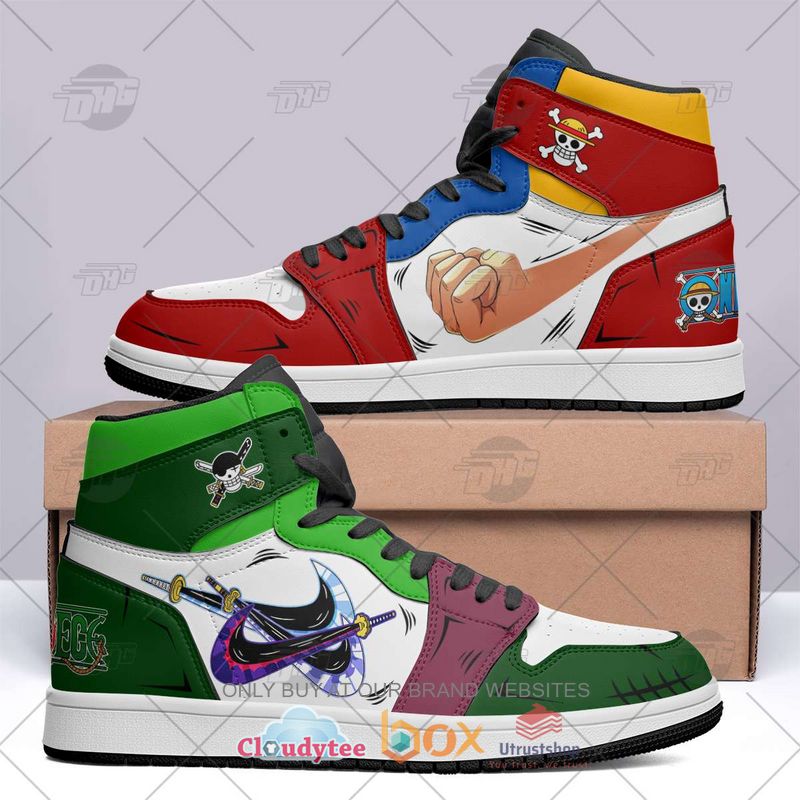 straw hat luffy and pirate hunter zoro anime one piece air jordan high top shoes 1 65568