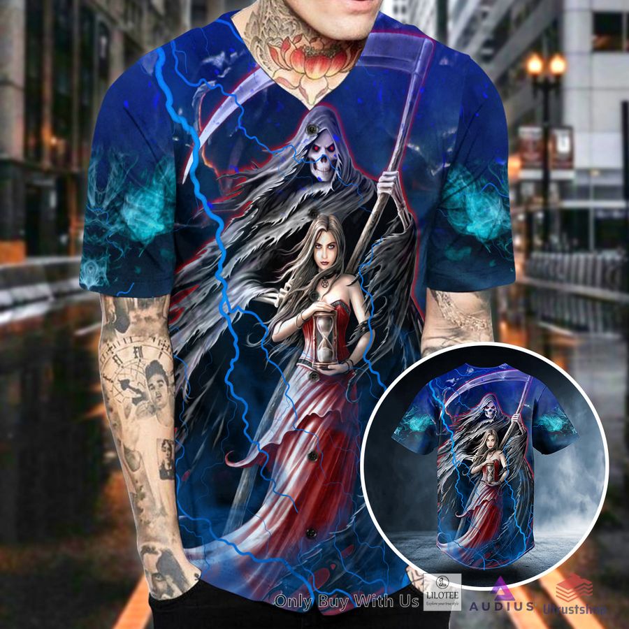 summon the reaper death and the maiden gothic fantasy skull baseball jersey 2 46748