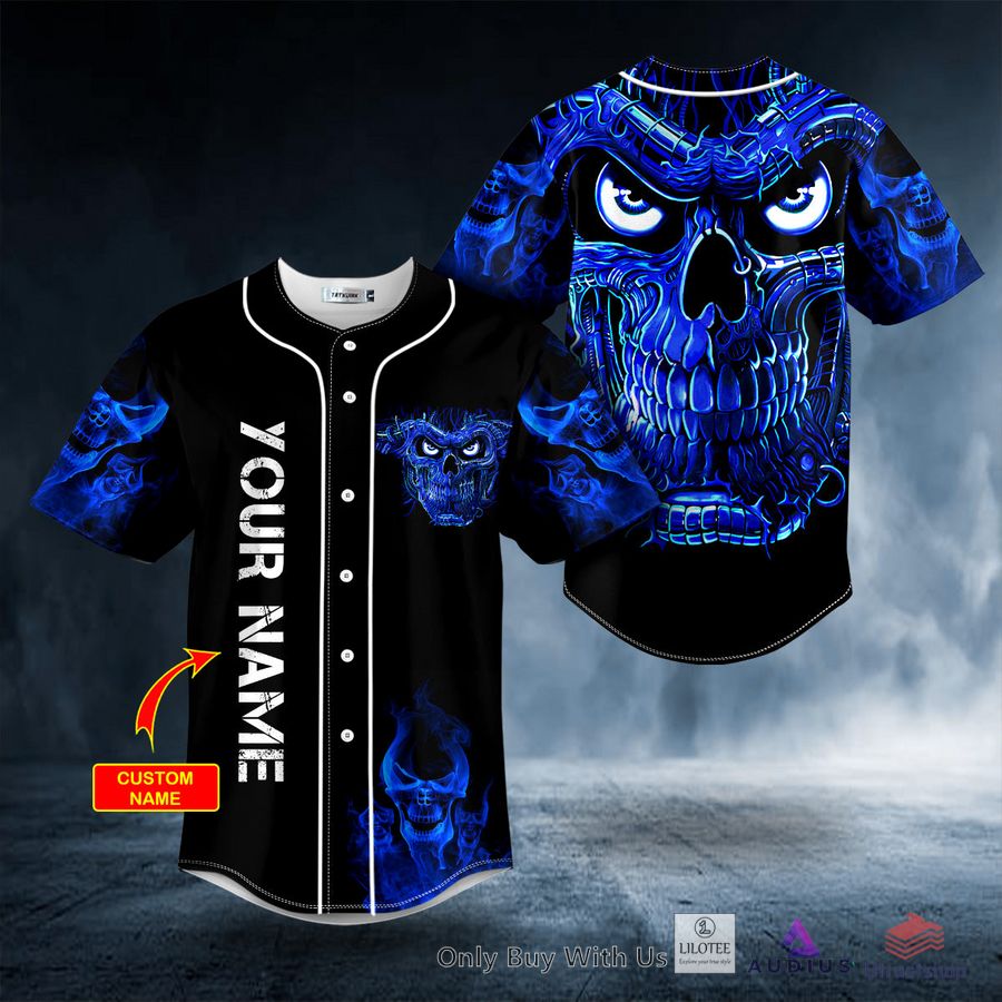 terminator blue fire skull custom baseball jersey 1 29183