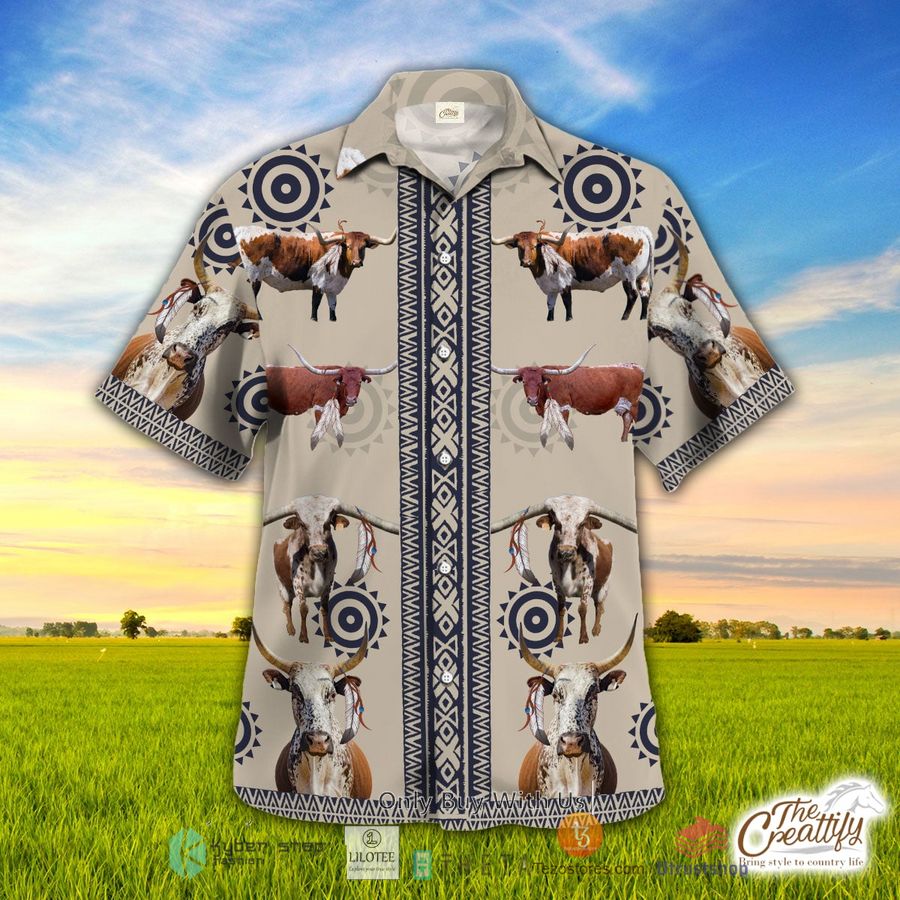 texas longhorn in native american pattern hawaiian shirt 1 35490