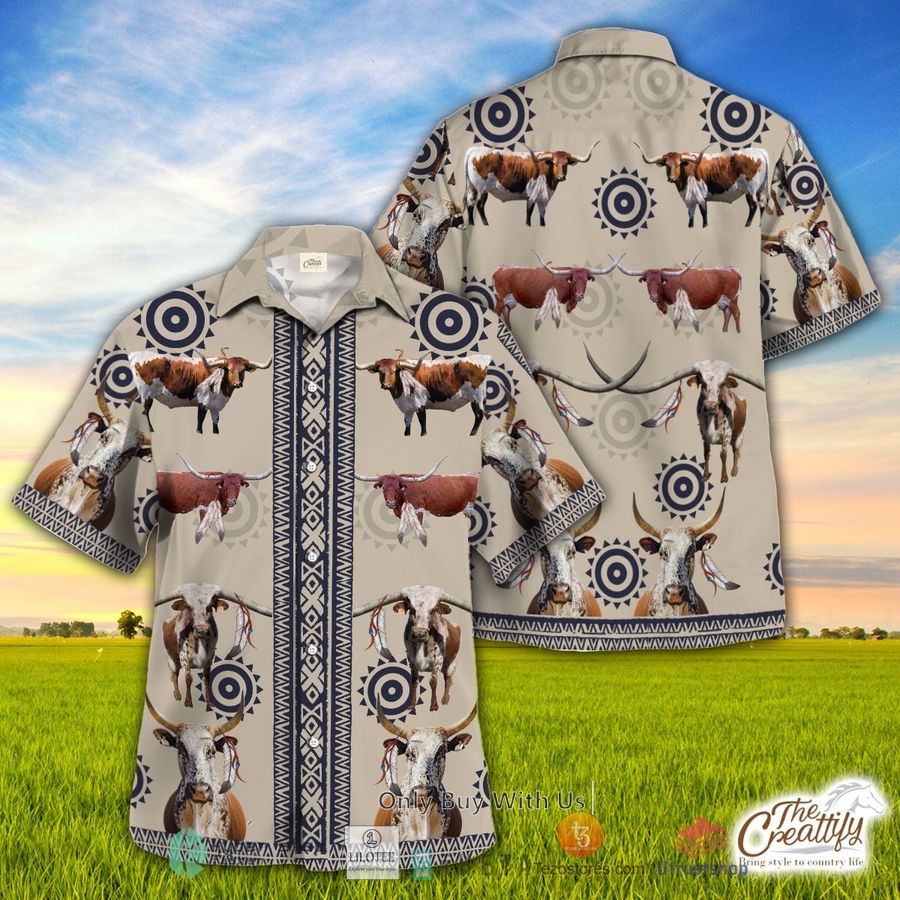 texas longhorn in native american pattern hawaiian shirt 2 27978