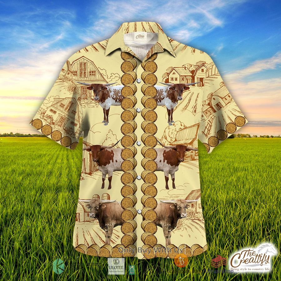 texas longhorn in rolled hay pattern hawaiian shirt 1 16246