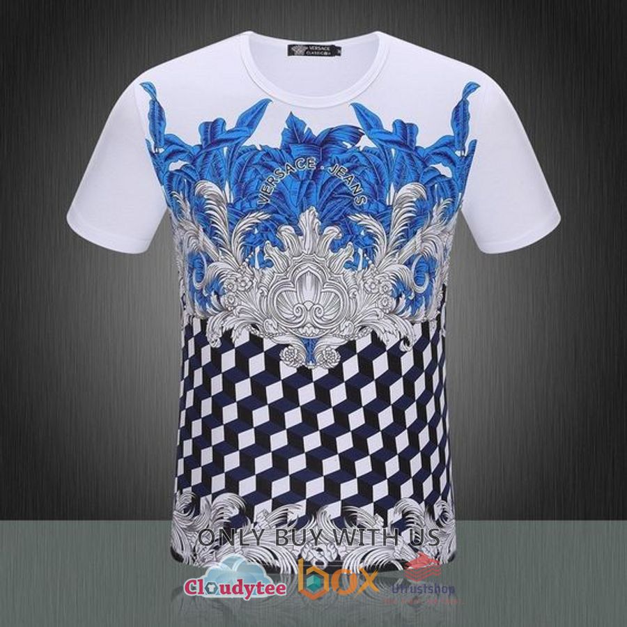 versace caro pattern blue black white 3d t shirt 1 36046