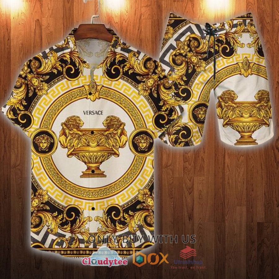 versace pattern lion yellow hawaiian shirt short 1 80882