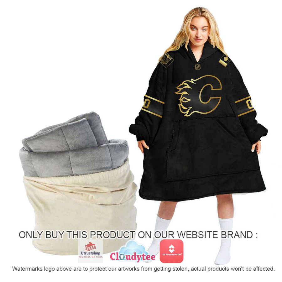 personalized black golden nhl calgary flames oodie blanket hoodie 1 65187