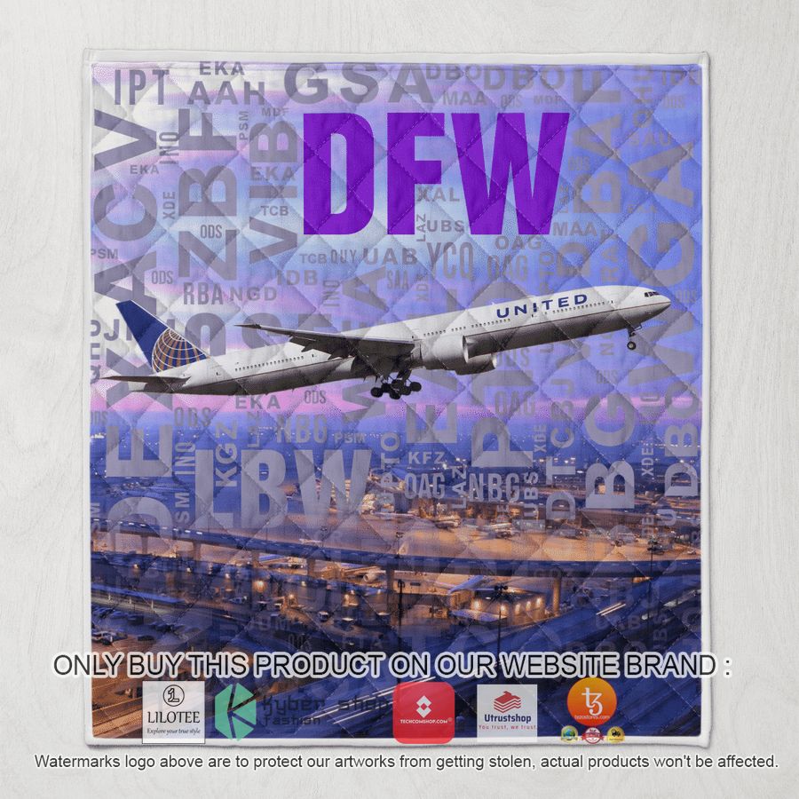 united airlines boeing 777 322er with airport codes at dallas fort worth international airport quilt blanket 1 64714