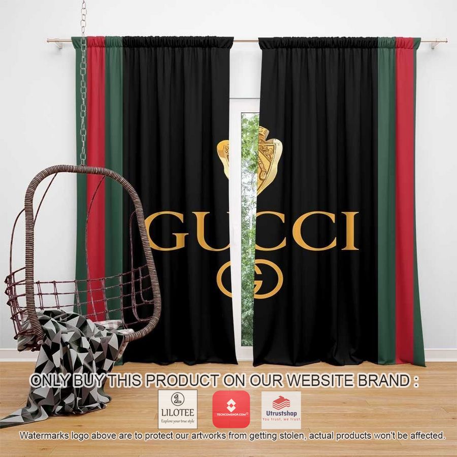 gucci gold logo red green line pattern black windown curtain 1 49206