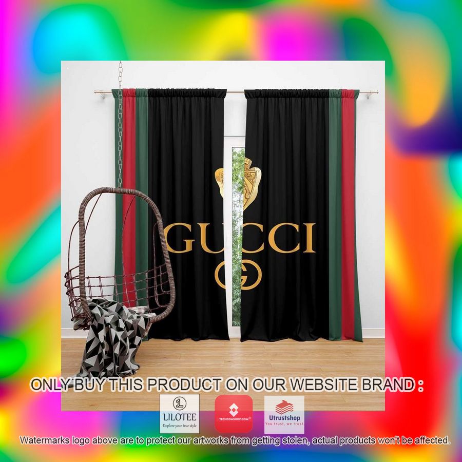 gucci gold logo red green line pattern black windown curtain 2 10126