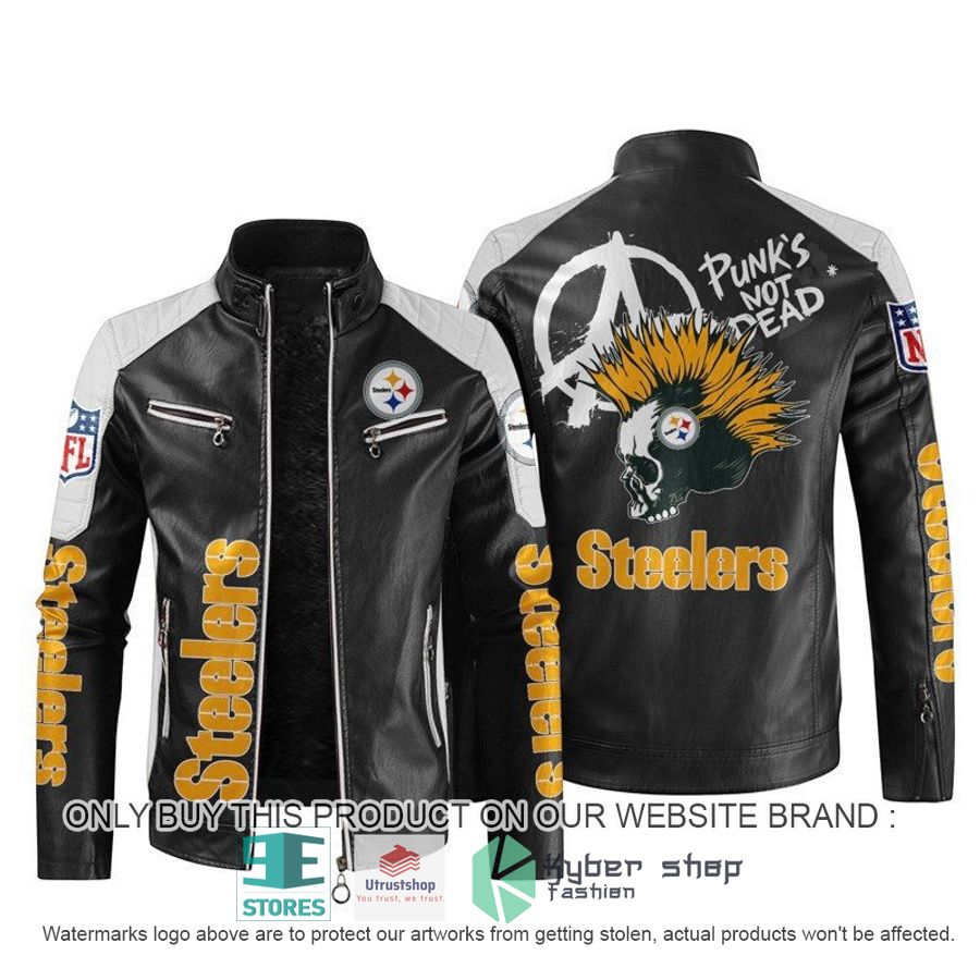 nfl pittsburgh steelers punks not dead skull block leather jacket 1 6397