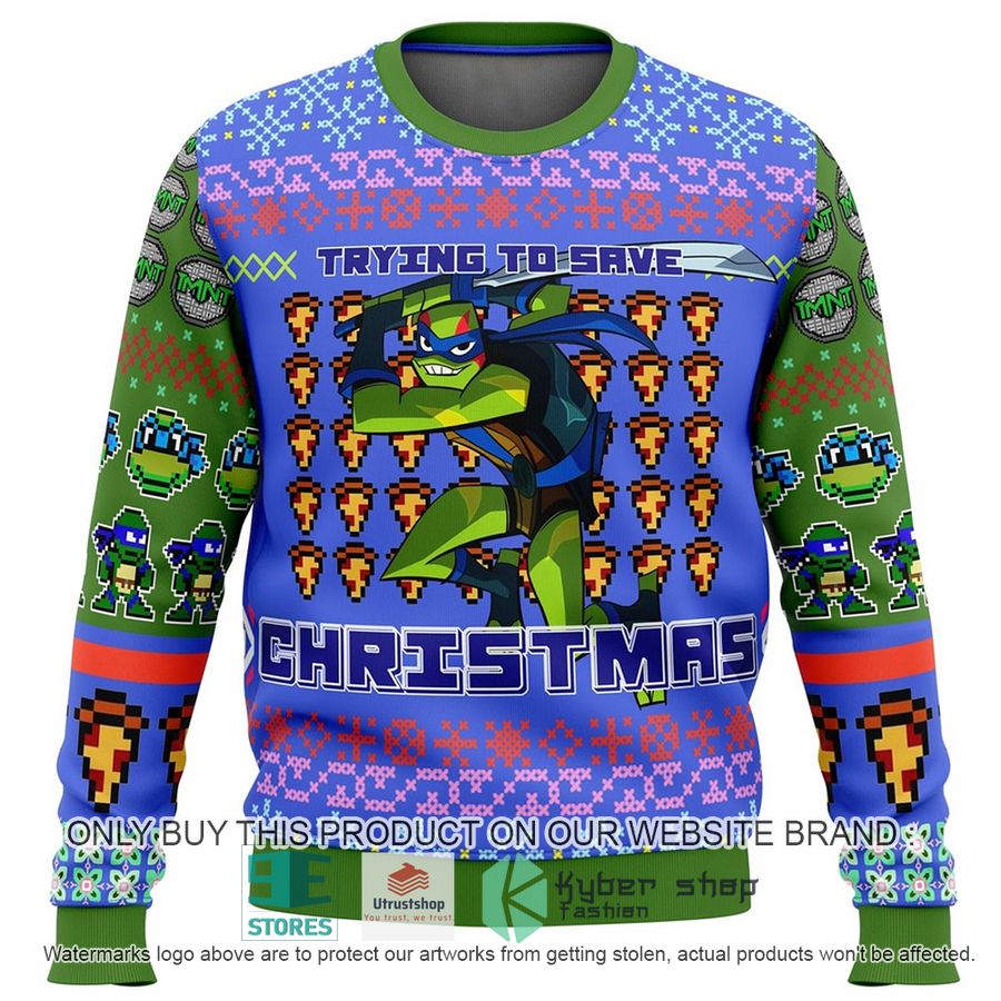 ninja turtle leonardo trying to save christmas ugly christmas sweater 1 99003