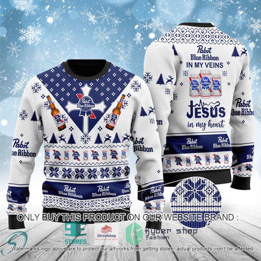 pabst blue ribbon in my veins jesus in my heart ugly christmas sweater 1 56265