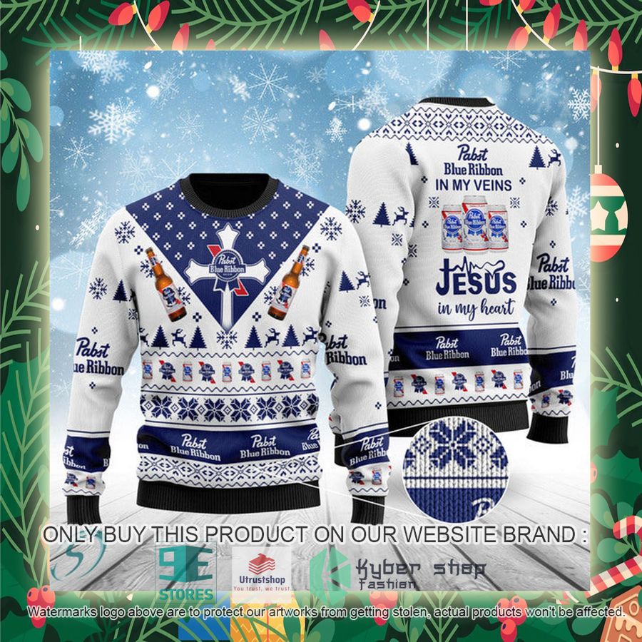 pabst blue ribbon in my veins jesus in my heart ugly christmas sweater 2 5380