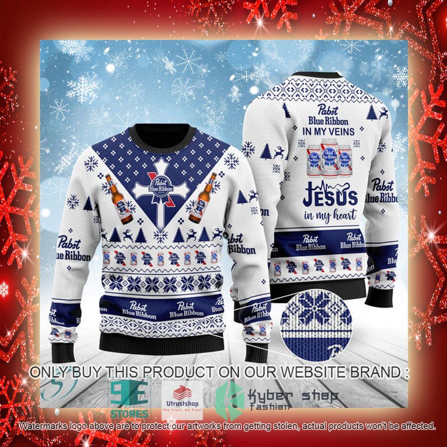 pabst blue ribbon in my veins jesus in my heart ugly christmas sweater 3 93401