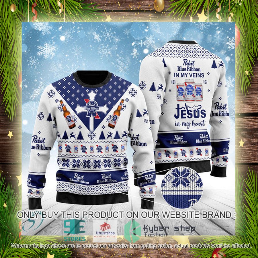 pabst blue ribbon in my veins jesus in my heart ugly christmas sweater 4 16600