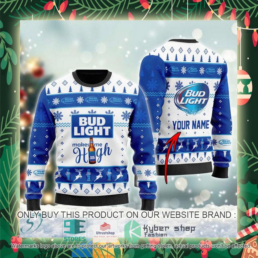 personalized bud light makes me high ugly christmas sweater 2 81222