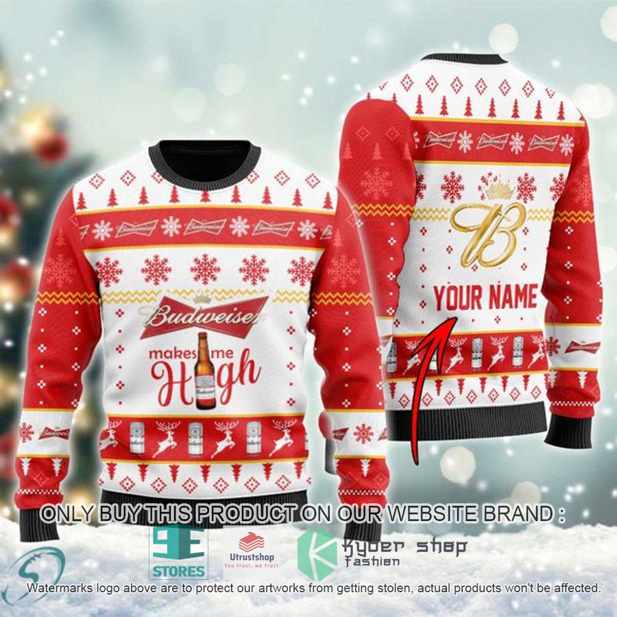 personalized budweiser makes me high ugly christmas sweater 1 49131