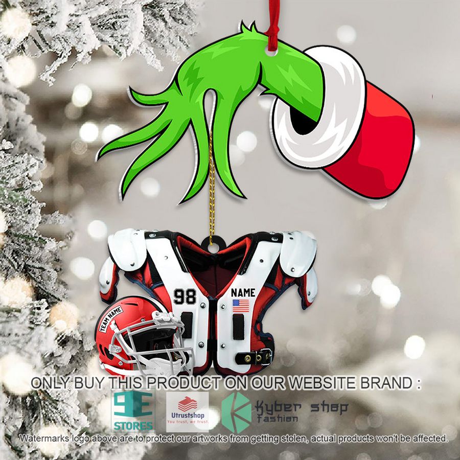 personalized grinch hand holding american football shoulder pads helmet christmas ornament 1 80981