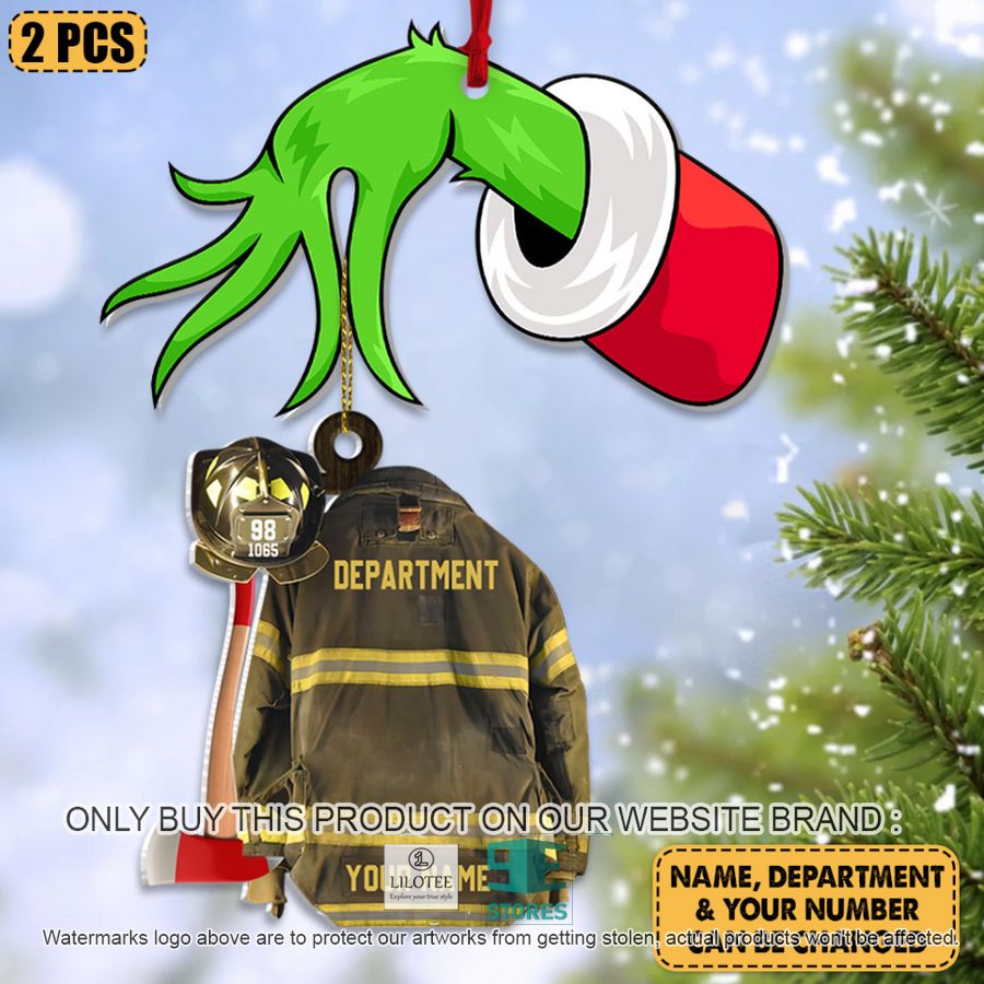 personalized grinch hand holding firefighter armor shaped christmas ornament 1 95080