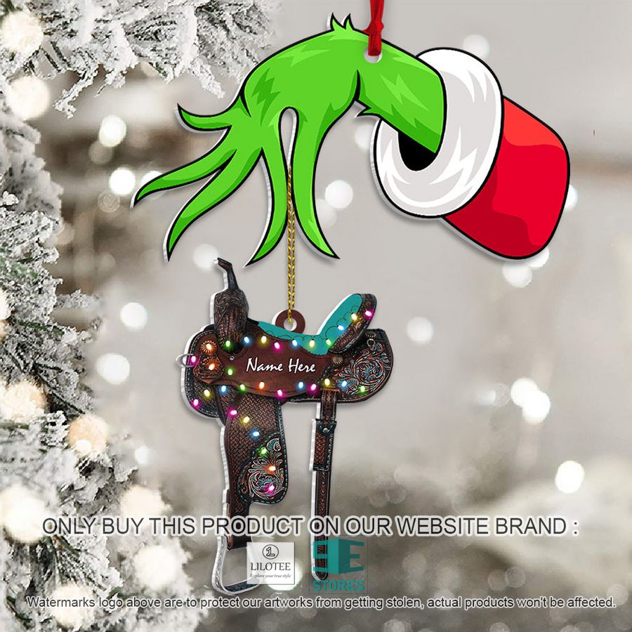 personalized grinch hand holding horse saddle flat christmas ornament 1 61507