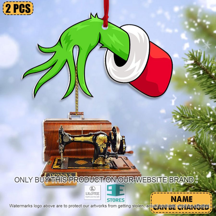 personalized grinch hand holding sewing machine christmas ornament 2 31303