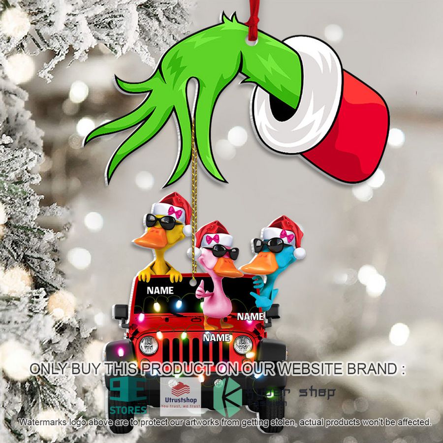 personalized grinch hand holding three duck jeep christmas ornament 1 59812