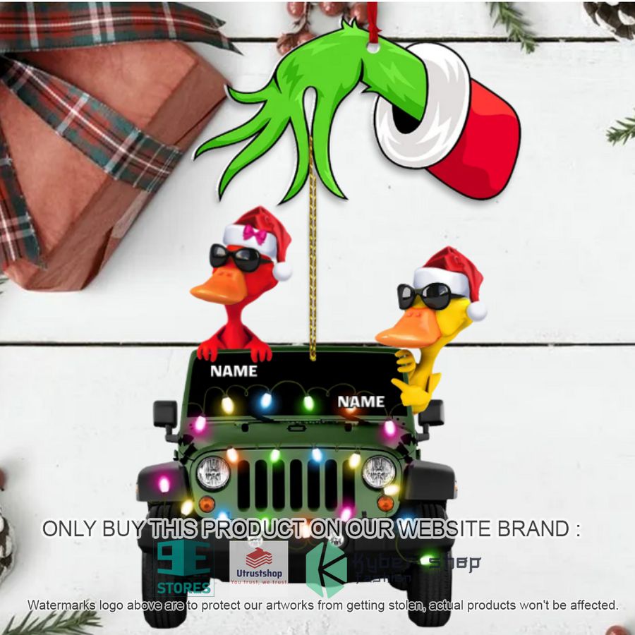 personalized grinch hand holding two duck jeep christmas ornament 1 25334
