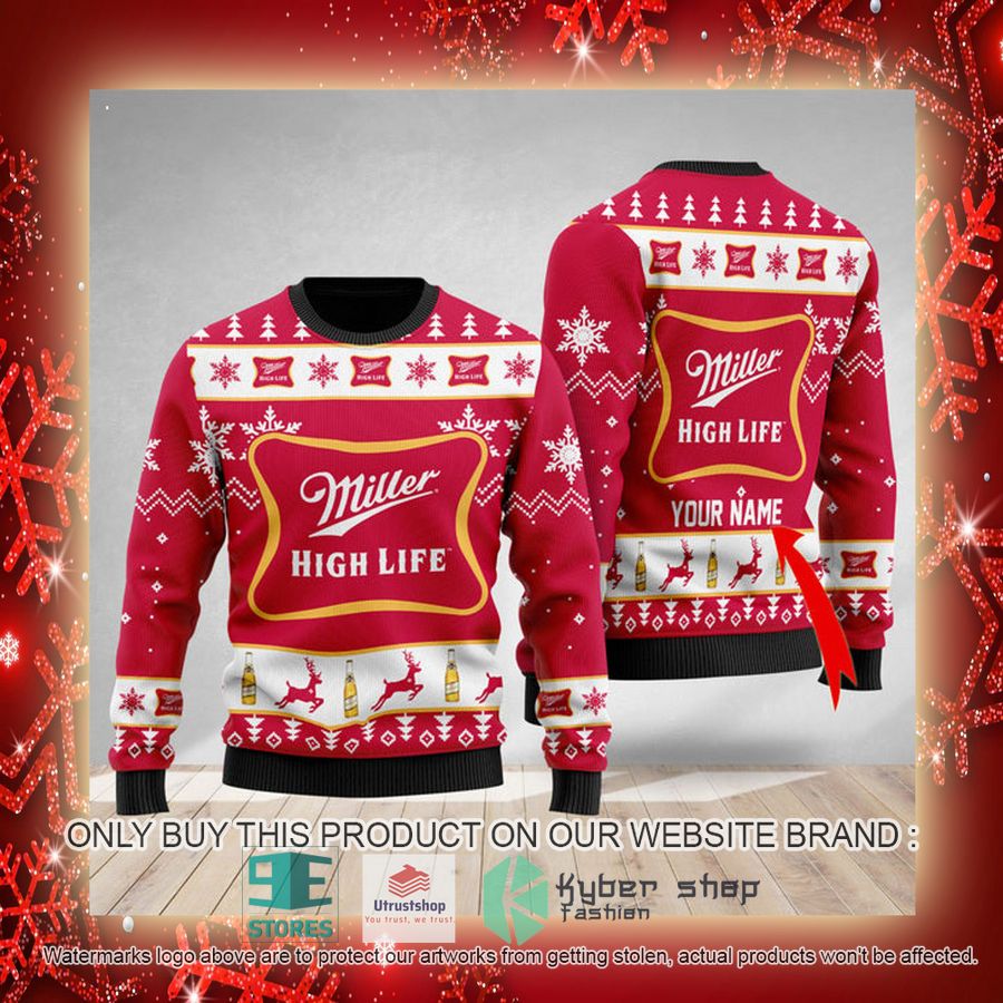 personalized miller high life ugly christmas sweater 3 399