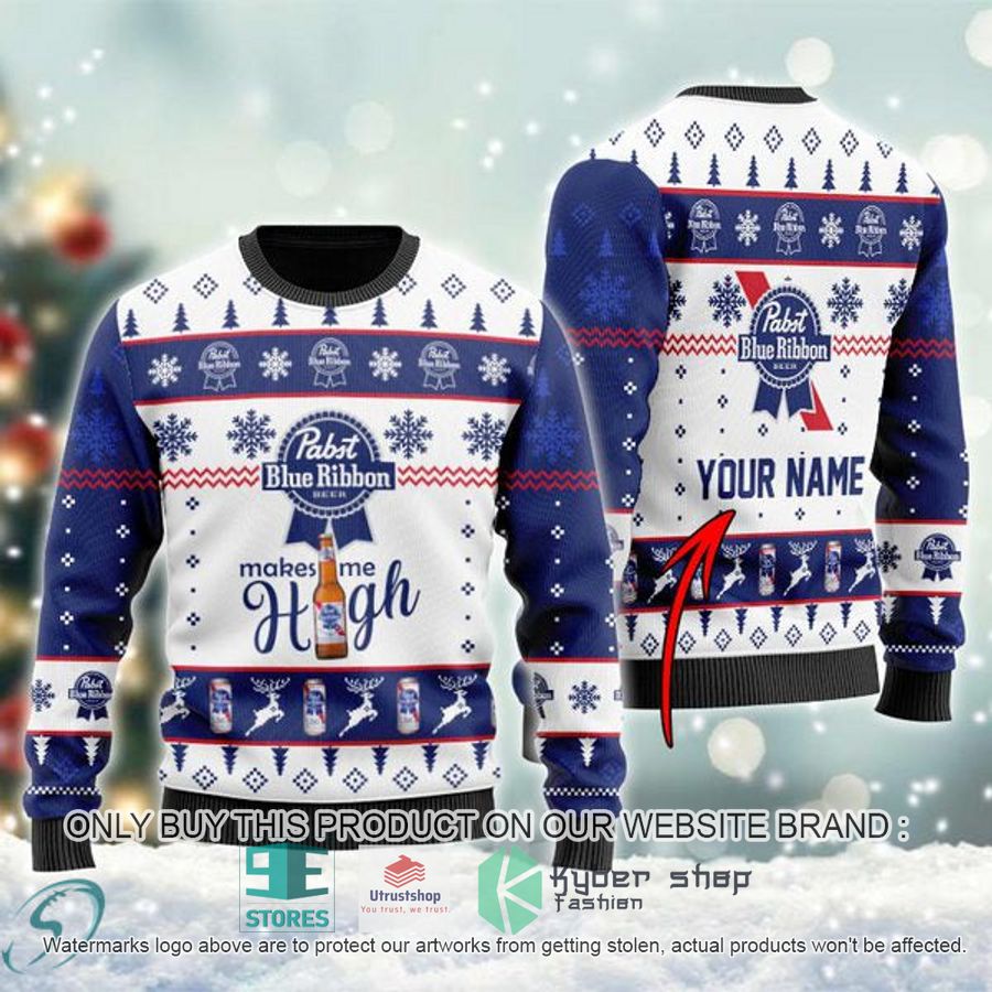 personalized pabst blue ribbon makes me high ugly christmas sweater 1 50148