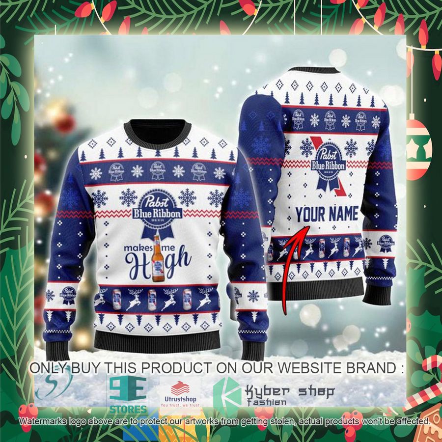 personalized pabst blue ribbon makes me high ugly christmas sweater 2 10523