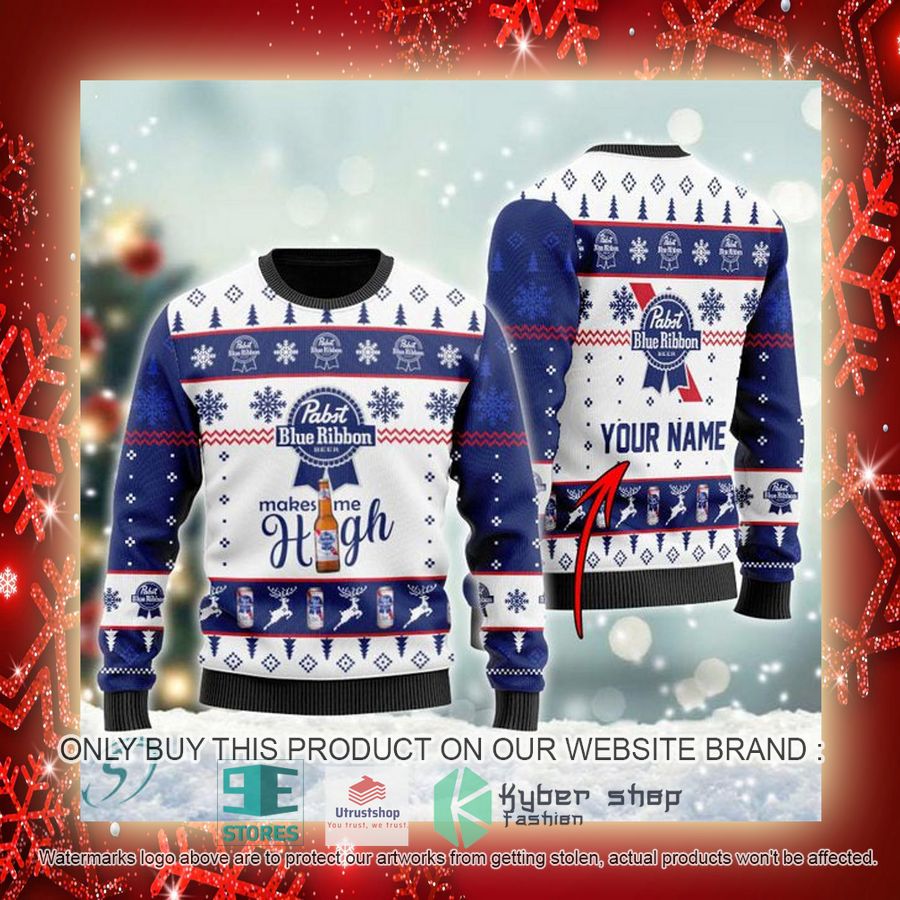 personalized pabst blue ribbon makes me high ugly christmas sweater 3 60900