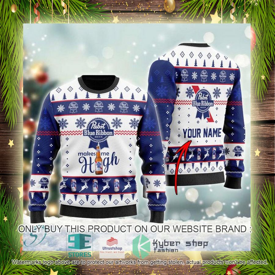 personalized pabst blue ribbon makes me high ugly christmas sweater 4 41763