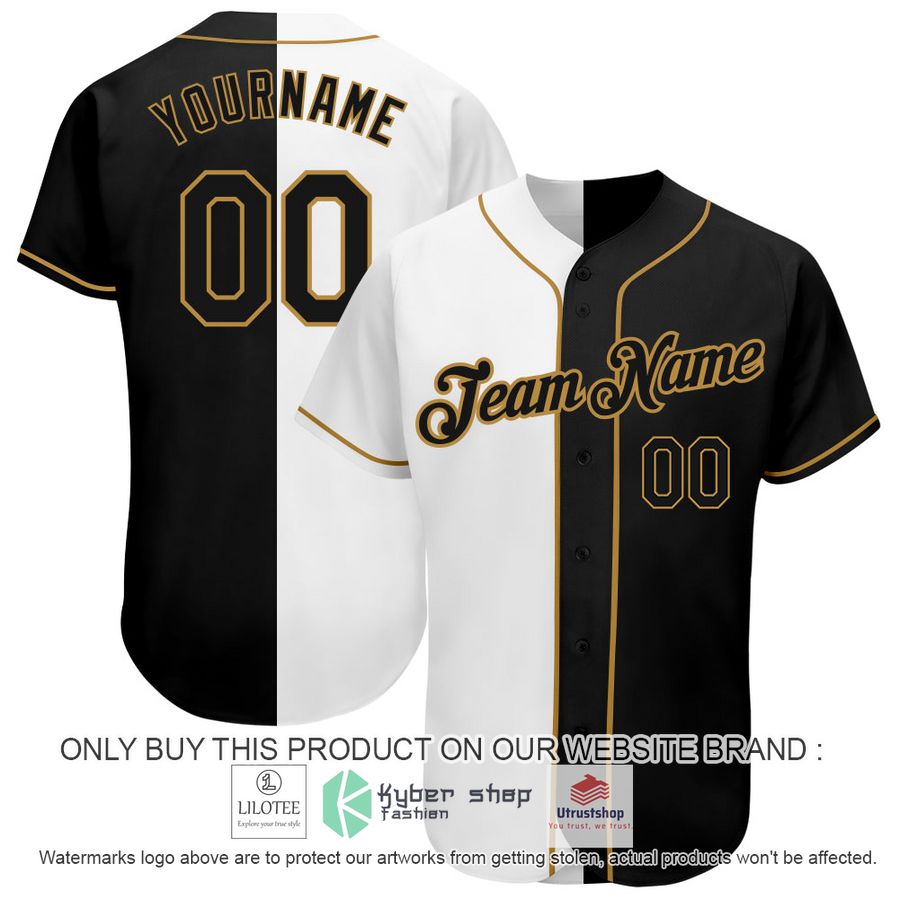 personalized white black old gold split baseball jersey 1 13733