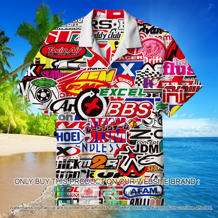 racing car labeling logo white hawaiian shirt 1 13383