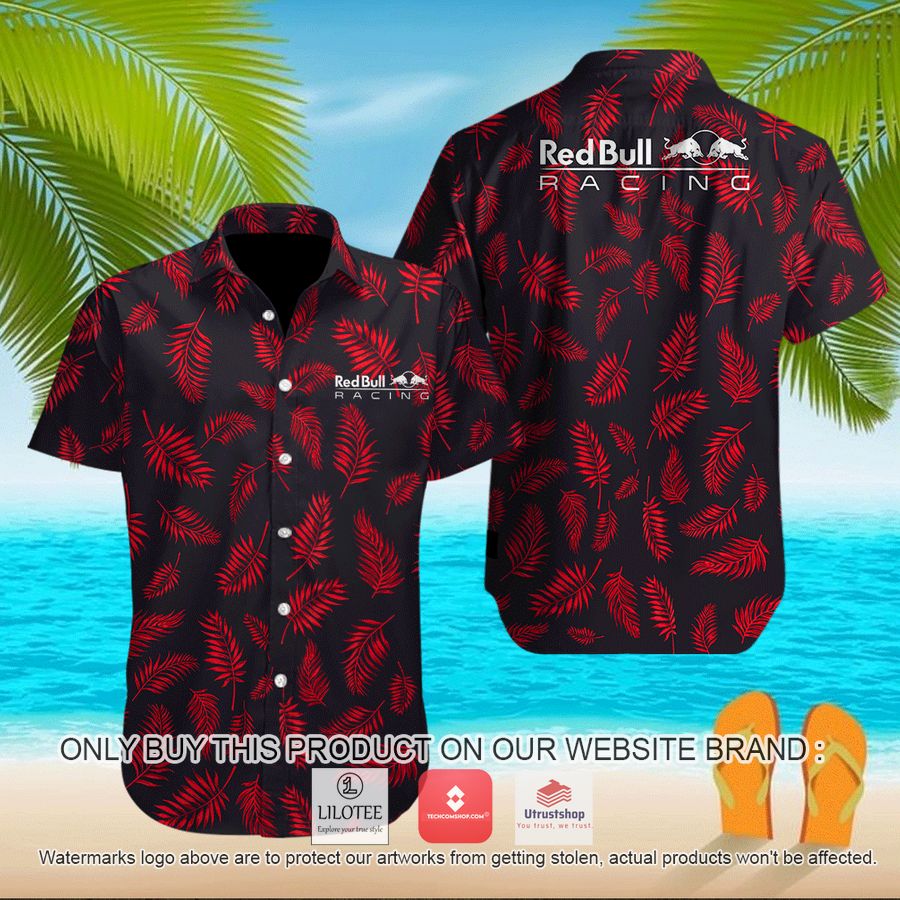 red bull racing leaf pattern black hawaiian shirt 1 74914