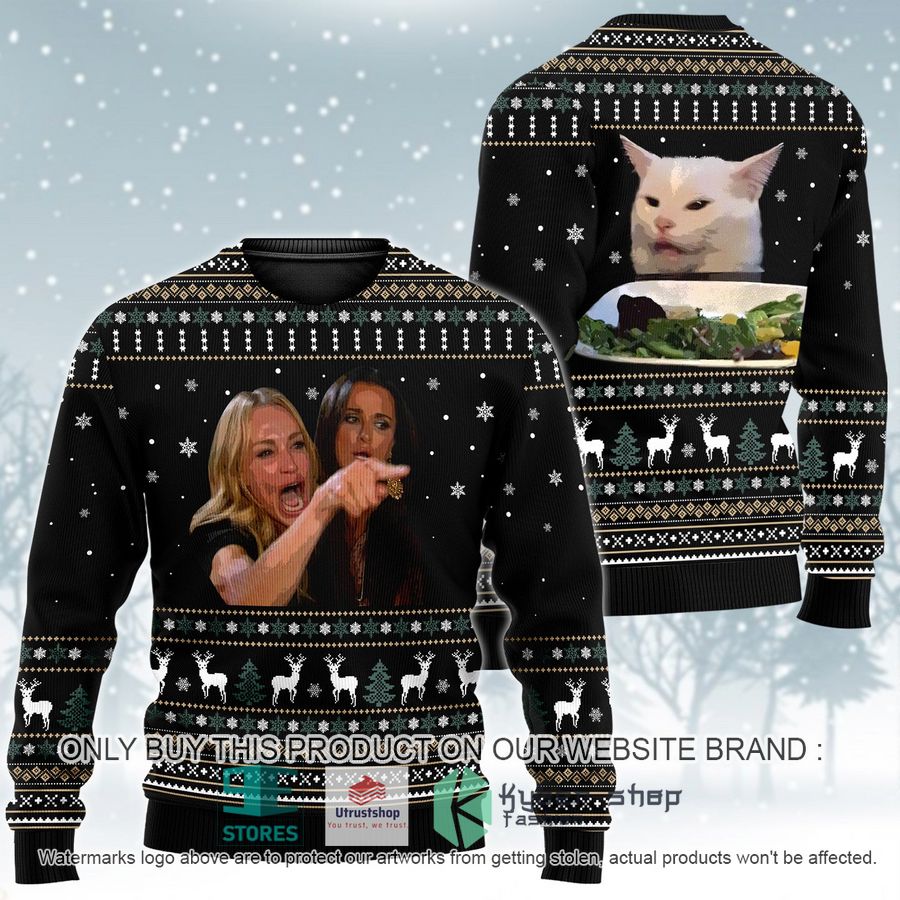 woman yelling at cat black ugly christmas sweater 1 129
