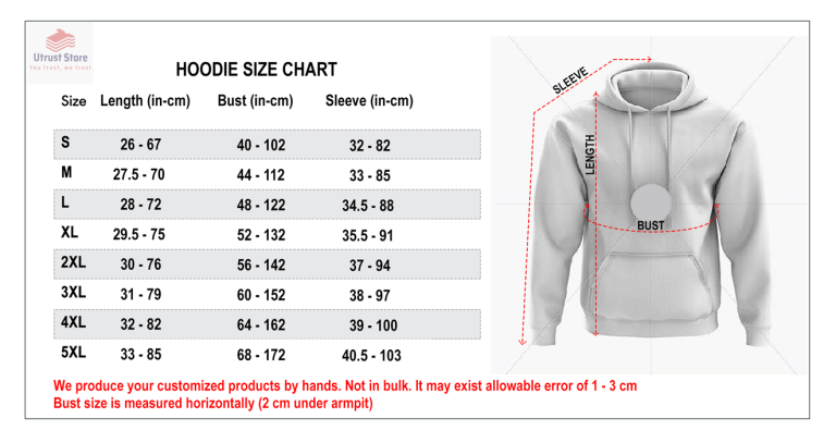 Hoodiet Utrust Store Size Chart