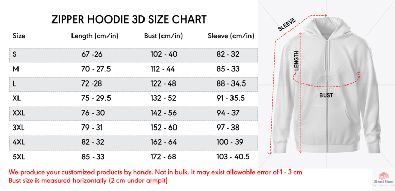 Zip Hoodiet Utrust Store Size Chart