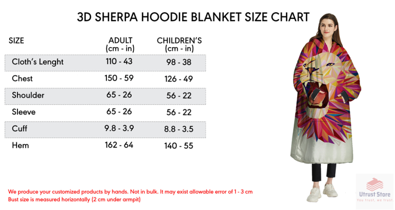 fleece hoodie blanket Utrust Store Size Chart